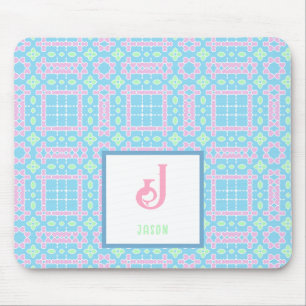 Monogram Name Neon Pink Blue Hearts Pattern Mouse Mat