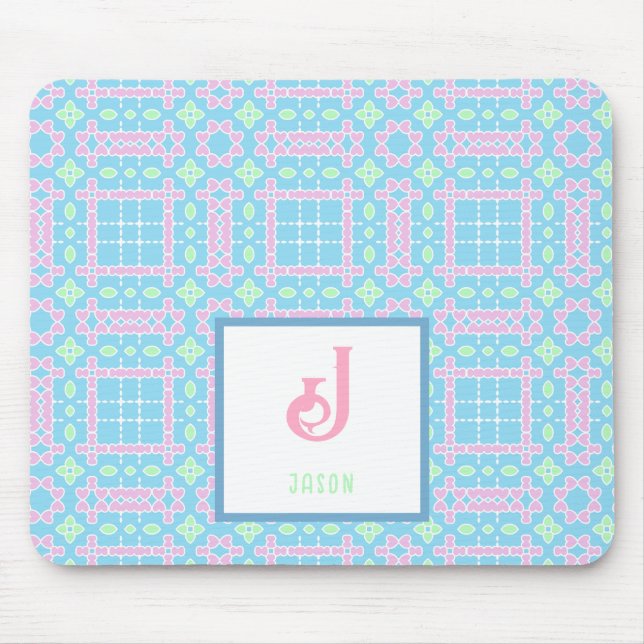 Monogram Name Neon Pink Blue Hearts Pattern Mouse Mat (Front)
