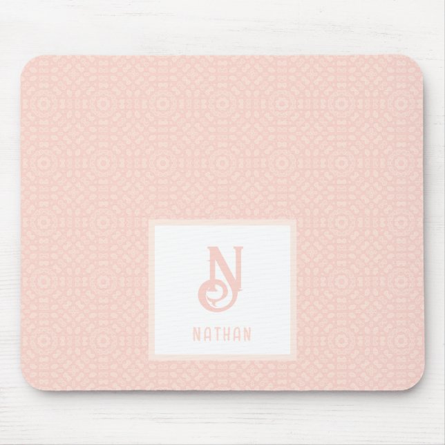 Monogram Name Neon Pink Peach Hearts Pattern Mouse Mat (Front)