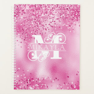 Monogram & Name on Faux Fuchsia Foil & Glitter Planner