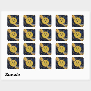 Monogram Name on NavyGold Abstract Marble FluidArt Square Sticker