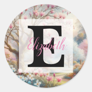 Monogram name on vintage watercolor floral park classic round sticker