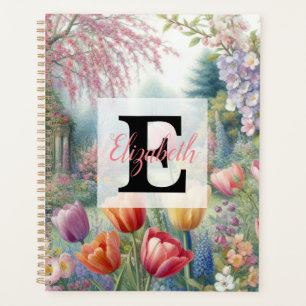 Monogram name on vintage watercolor floral park planner