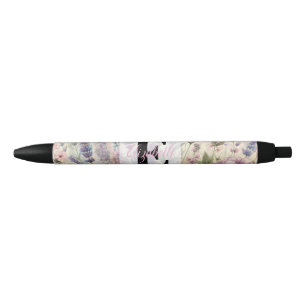 Monogram name on vintage watercolor flowers black ink pen