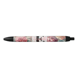 Monogram name on vintage watercolor flowers black ink pen