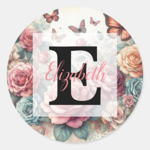 Monogram name on vintage watercolor flowers classic round sticker