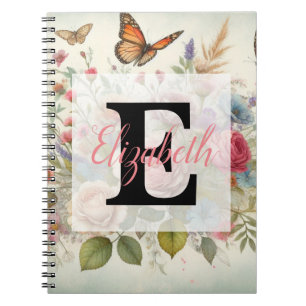 Monogram name on vintage watercolor flowers notebook