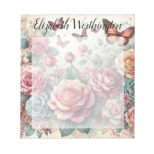 Monogram name on vintage watercolor flowers notepad