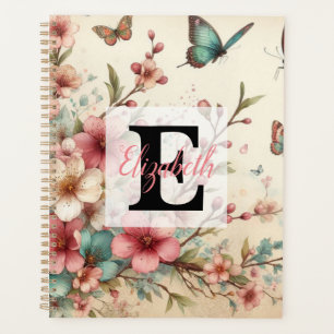 Monogram name on vintage watercolor flowers  planner