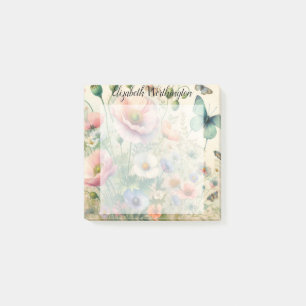 Monogram name on vintage watercolor flowers  post-it notes