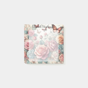 Monogram name on vintage watercolor flowers post-it notes