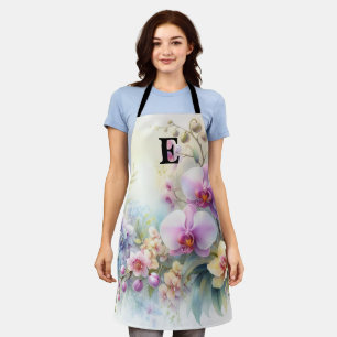 Monogram name on watercolor Flowers in pastels Apron