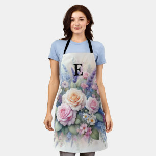 Monogram name on watercolor Flowers in pastels Apron