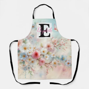 Monogram name on watercolor Flowers in pastels  Apron