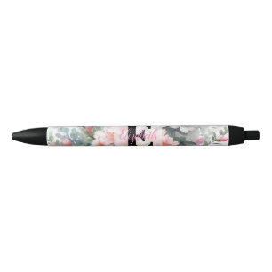 Monogram name on watercolor Flowers in pastels Black Ink Pen