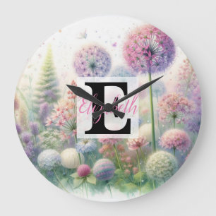 Monogram name on watercolor Flowers in pastels Large Clock