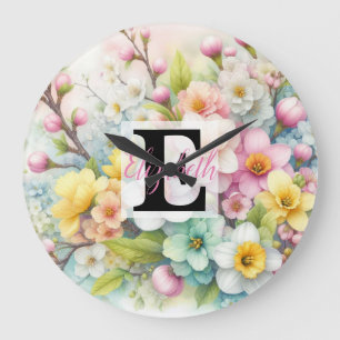 Monogram name on watercolor Flowers in pastels Large Clock