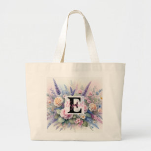 Monogram name on watercolor Flowers in pastels Large Tote Bag