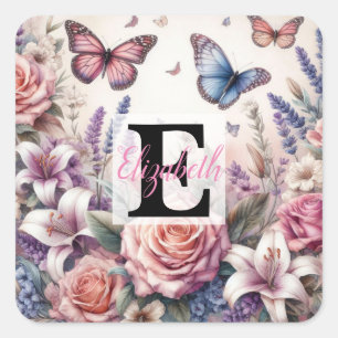 Monogram name on watercolor Flowers in pastels Square Sticker