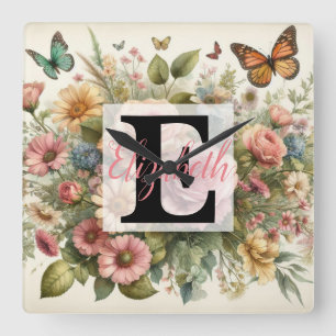 Monogram name on watercolor Flowers in pastels Square Wall Clock