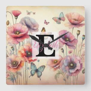 Monogram name on watercolor Flowers in pastels Square Wall Clock
