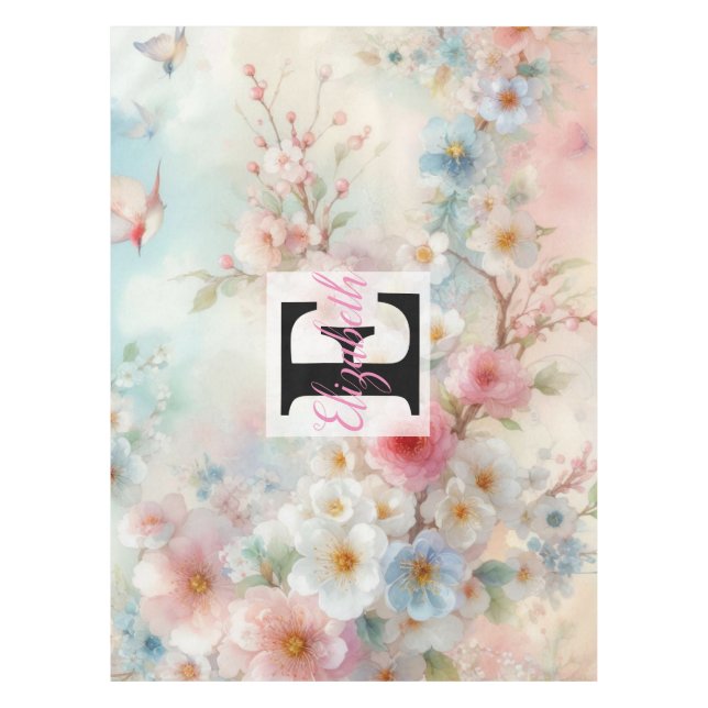 Monogram name on watercolor Flowers in pastels  Tablecloth (Front)