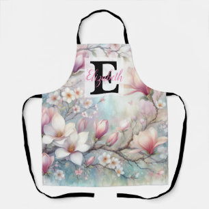 Monogram name on watercolor Flowers in pastels  Th Apron