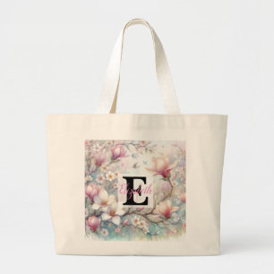 Monogram name on watercolor Flowers in pastels Th Large Tote Bag