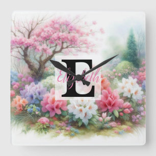 Monogram name on watercolor Flowers in pastels Th Square Wall Clock