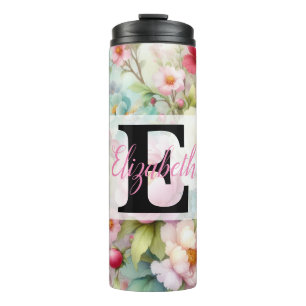 Monogram name on watercolor Flowers in pastels  Th Thermal Tumbler