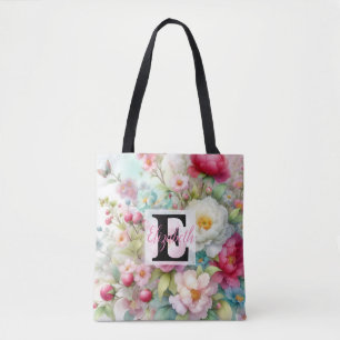 Monogram name on watercolor Flowers in pastels Th Tote Bag
