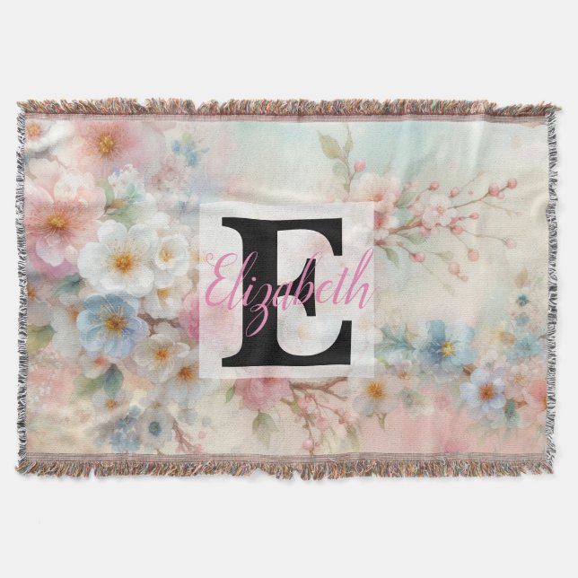 Monogram name on watercolor Flowers in pastels  Throw Blanket (Front)