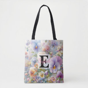 Monogram name on watercolor Flowers in pastels Tote Bag