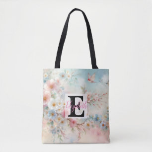Monogram name on watercolor Flowers in pastels Tote Bag