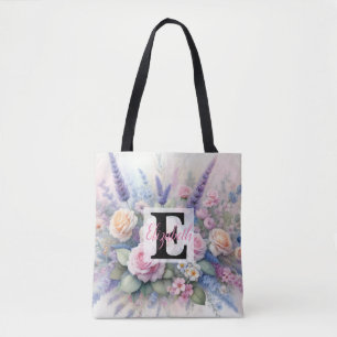 Monogram name on watercolor Flowers in pastels Tote Bag