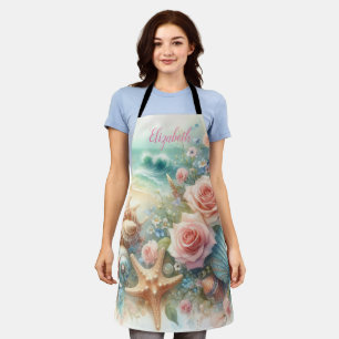Monogram name on watercolor Flowers sea seashells Apron