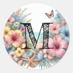 Monogram name on watercolor Flowers sea seashells Classic Round Sticker