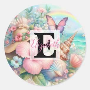 Monogram name on watercolor Flowers sea seashells  Classic Round Sticker