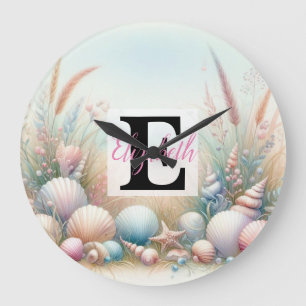 Monogram name on watercolor Flowers sea seashells Large Clock