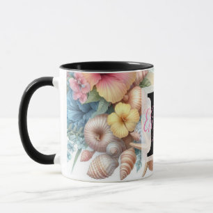 Monogram name on watercolor Flowers sea seashells  Mug