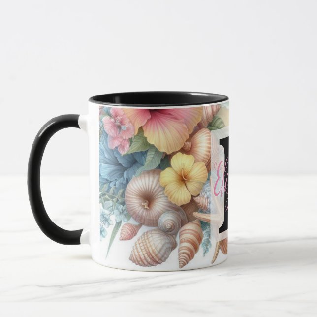 Monogram name on watercolor Flowers sea seashells  Mug (Left)
