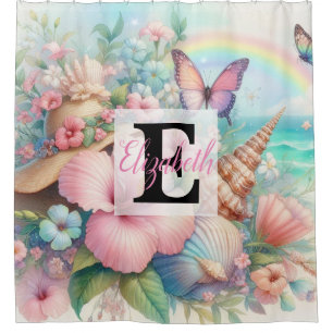Monogram name on watercolor Flowers sea seashells Shower Curtain