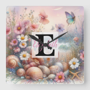 Monogram name on watercolor Flowers sea seashells Square Wall Clock