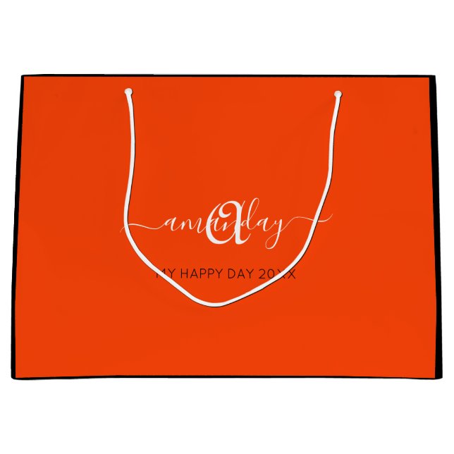 Monogram Name Orange Bridal Sweet16th Wedding Large Gift Bag (Front)