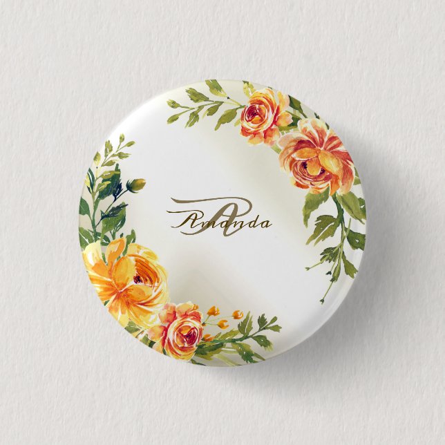 Monogram Name Orange Yellow Floral Greenery Modern 3 Cm Round Badge (Front)