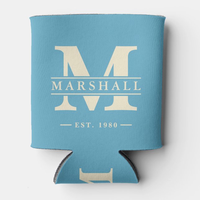 Monogram & Name Overlay Aqua Sky Can Cooler (Front)