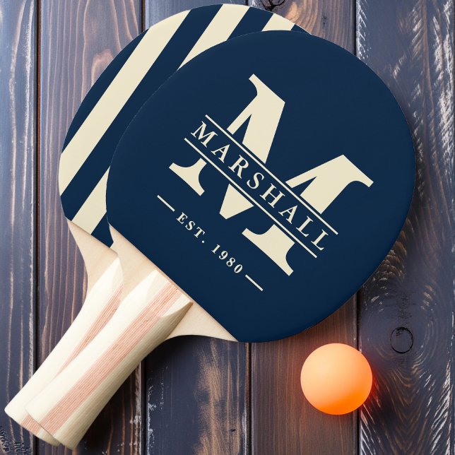 Monogram & Name Overlay Polo Stripe Deep Sea Blue Ping Pong Paddle (Creator Uploaded)