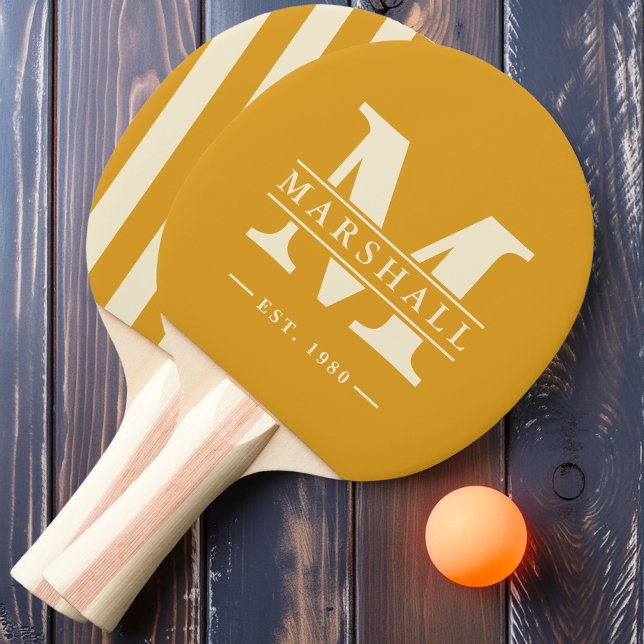 Monogram & Name Overlay Striping Burnt Buttercup Ping Pong Paddle (Creator Uploaded)