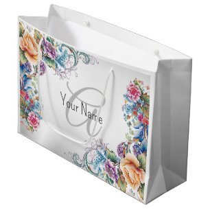 Monogram Name Party Colourful Floral Elegant Moder Large Gift Bag