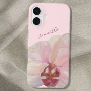 Monogram Name Pastel Pink Floral Orchid Elegant iPhone 16 Case
